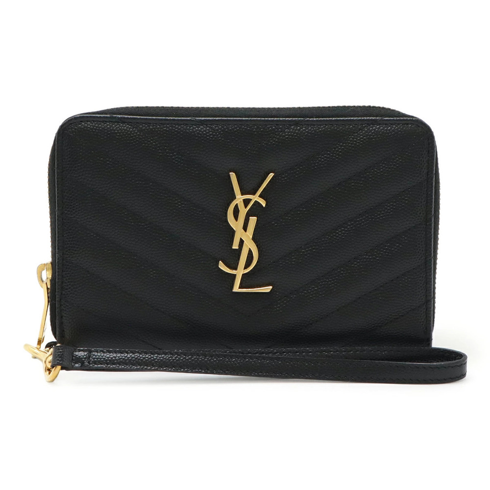 SAINT LAURENT PARIS YSL Yves Cassandra Round Zip Wallet V stitch Leather Black